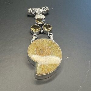 Lammonite Fossil Smoky Topaz 925 Silver Plated Pendant 2.8"
